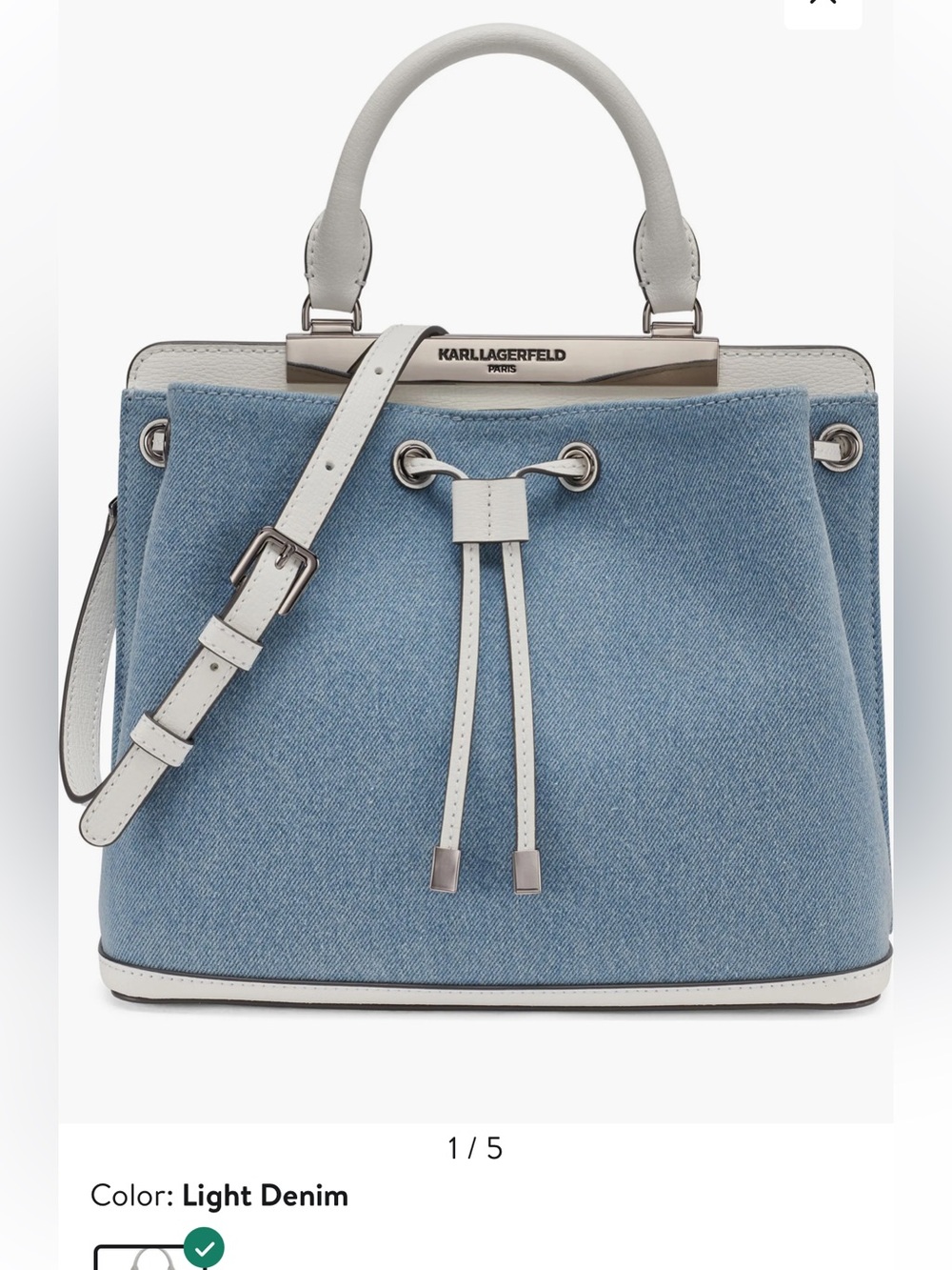 KARL LAGERFELD PARIS Evelina Denim Drawstring Top Handle Bucket Bag NWT
